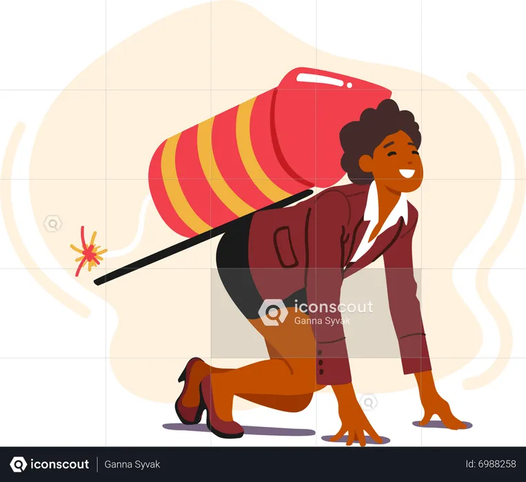 Femme d'affaires heureuse prête pour un élan de carrière avec Petard sur le dos avec un fusible brûlant  Illustration