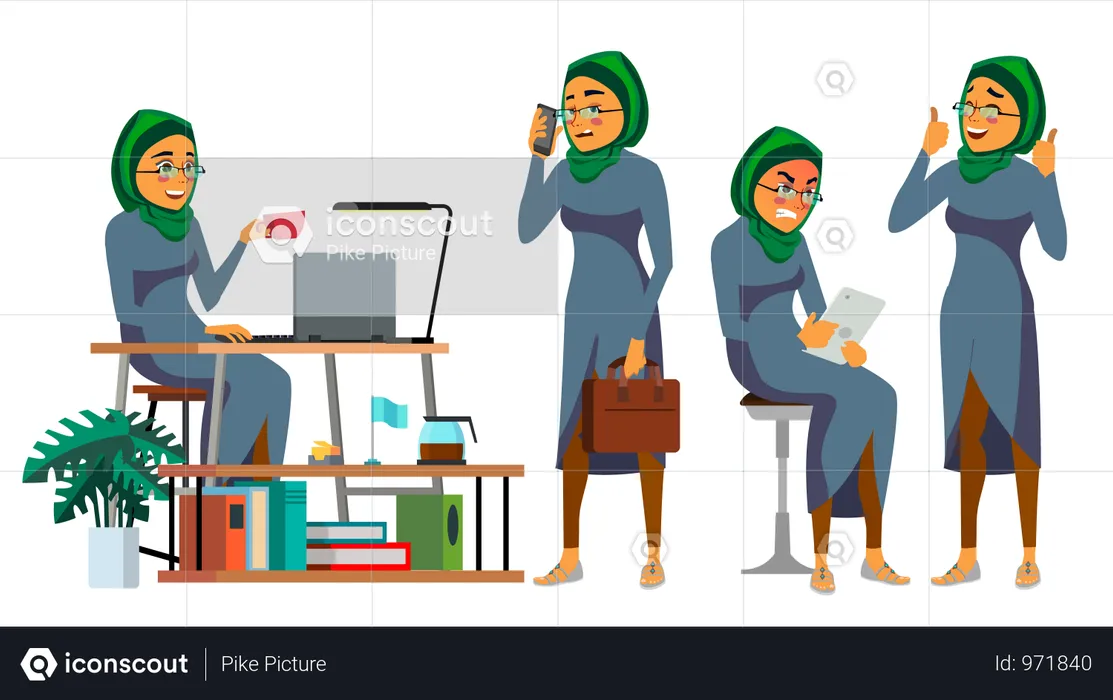 Femme d'affaires en démarrage informatique avec diverses poses, situations  Illustration