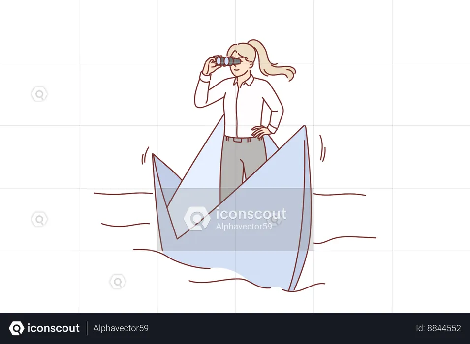 Femme d'affaires leader navigue sur un bateau en papier dans la rivière et tient des jumelles à la recherche d'opportunités  Illustration