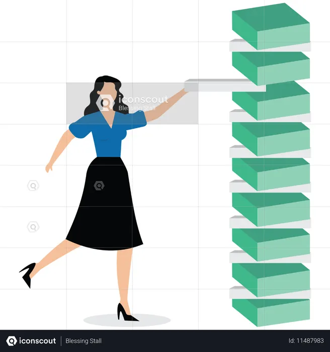 Une femme d'affaires place un bloc de bois dans une tour en essayant d'être prudente dans toutes les tâches et d'atteindre les objectifs de l'entreprise  Illustration