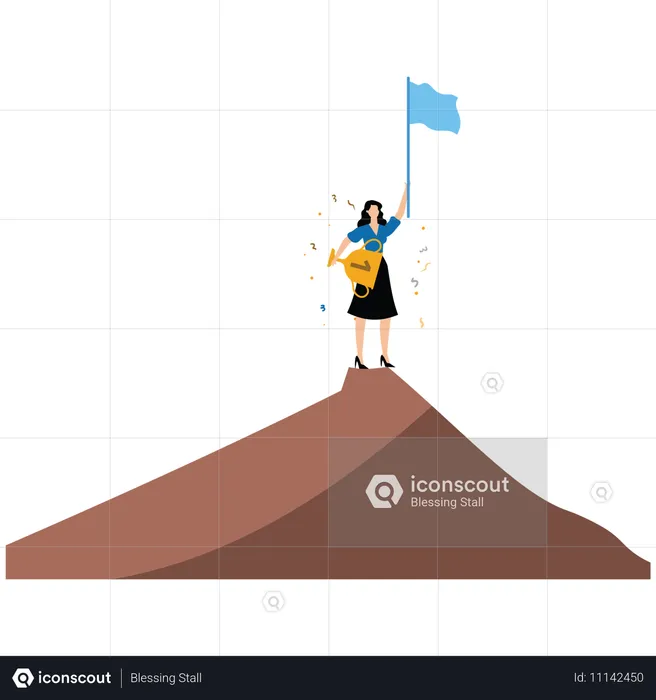 Femme d'affaires prospère tenant le trophée du drapeau gagnant sur le sommet de la montagne  Illustration