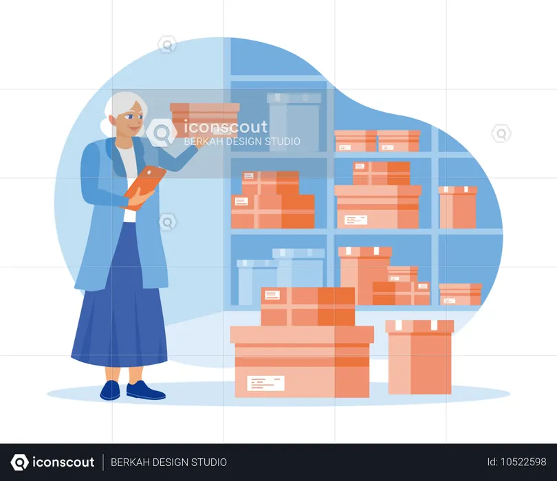 Une femme d'affaires senior vérifie les produits commandés dans l'entrepôt  Illustration