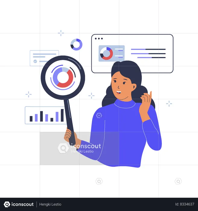 Femme d'affaires tenant une loupe et faisant des recherches commerciales  Illustration