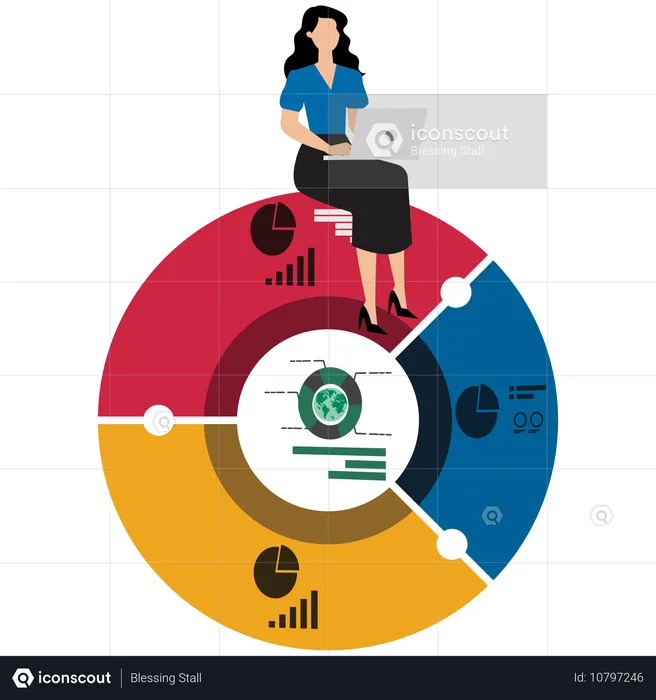 Femme d'affaires travaillant sur un ordinateur portable avec un portefeuille mondial  Illustration