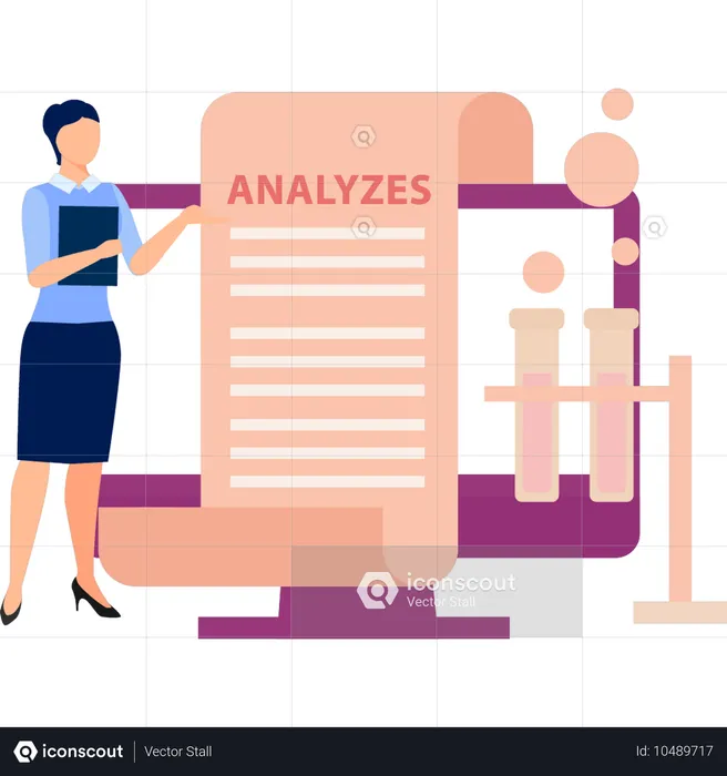 Une employée de bureau effectue une analyse sur un tube médical  Illustration