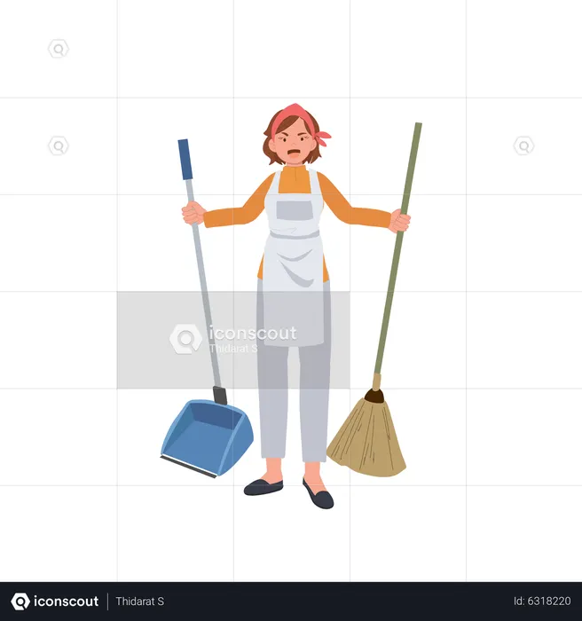 Femme de ménage tenant une pelle et un balai  Illustration