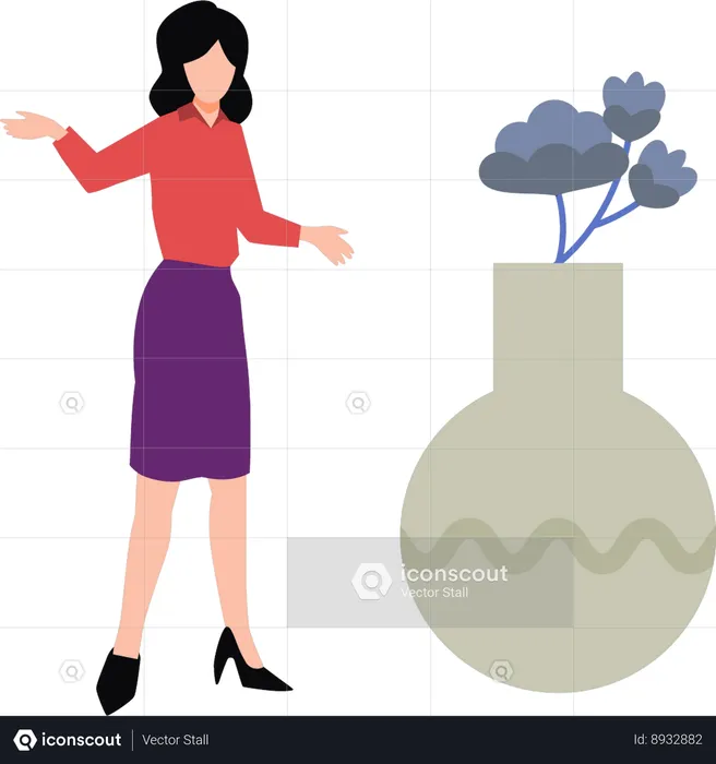 Femme debout à côté d'un vase de fleurs  Illustration