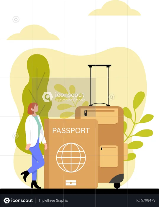 Femme debout avec bagages et passeport  Illustration