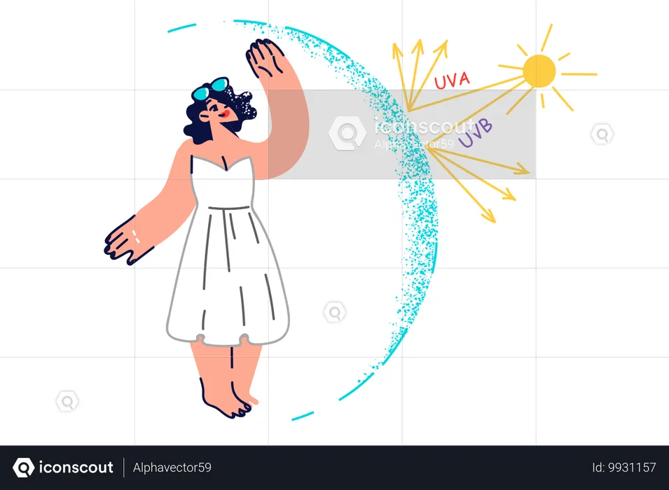 Femme debout dans un dôme invisible obtenu grâce à un écran solaire pour se protéger des rayons du soleil  Illustration