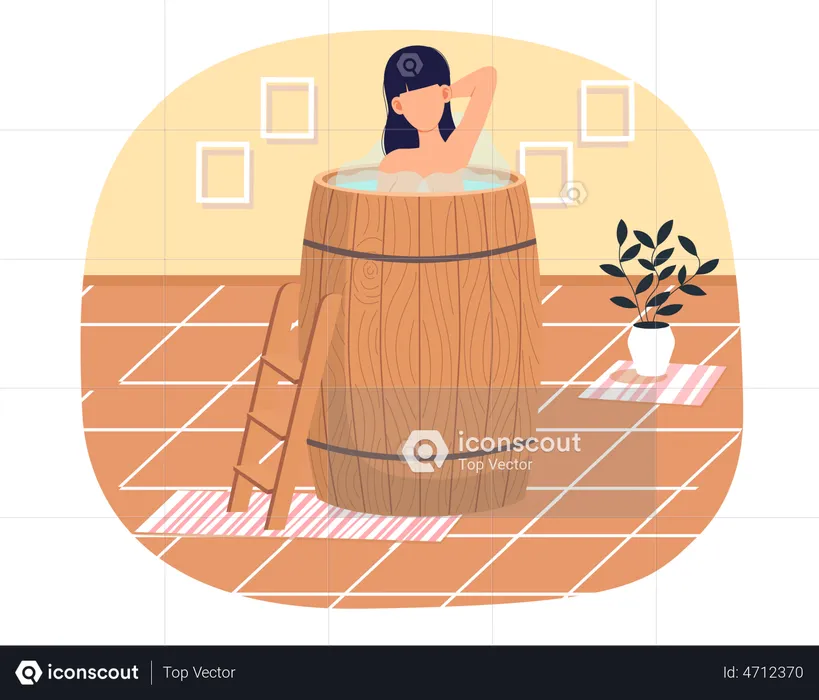 Femme debout dans une baignoire en bois  Illustration