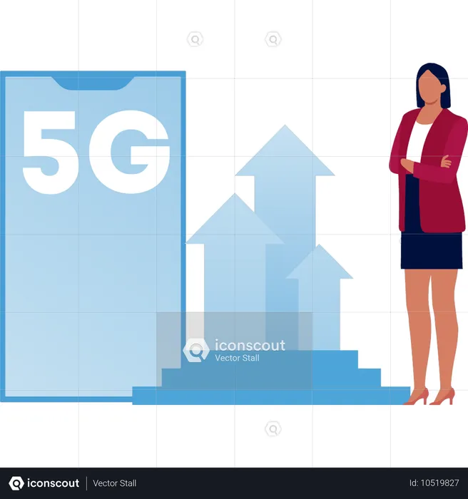 Femme debout près des flèches 5G  Illustration