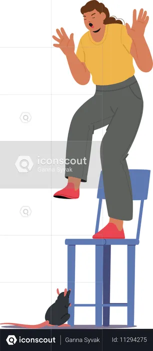 Une femme debout sur une chaise a peur alors qu'une souris s'approche  Illustration