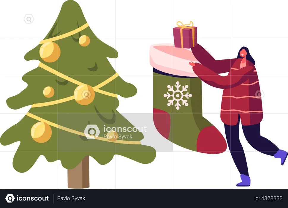 Femme décorant une chaussette de Noël sur un arbre de Noël  Illustration