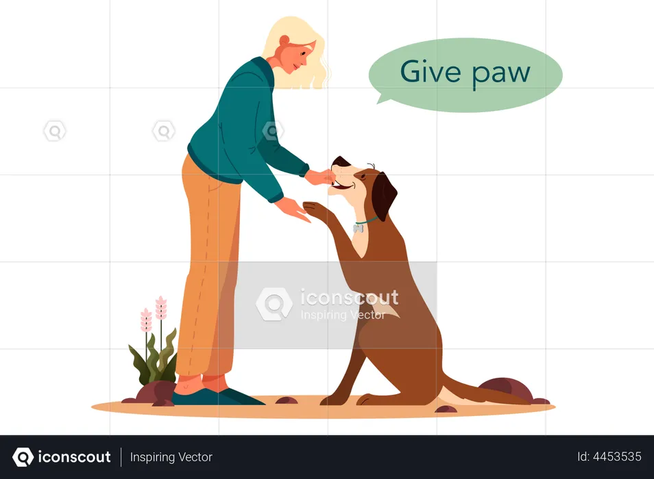 Femme demandant à son chien de lui donner la patte  Illustration
