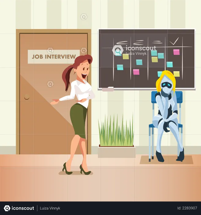 Une femme demande à une femme robot de se joindre à un entretien d'embauche au bureau  Illustration