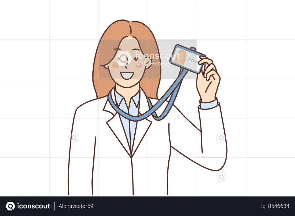 Une femme démontre une carte d'identité accrochée autour du cou pour identification et entrée dans un laboratoire scientifique  Illustration