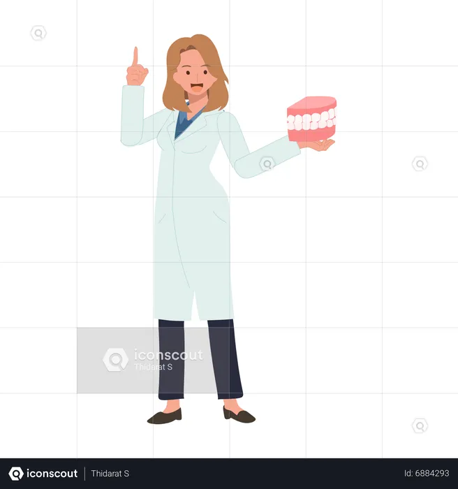 Femme dentiste avec modèle de bouche expliquant comment prendre soin des dents  Illustration