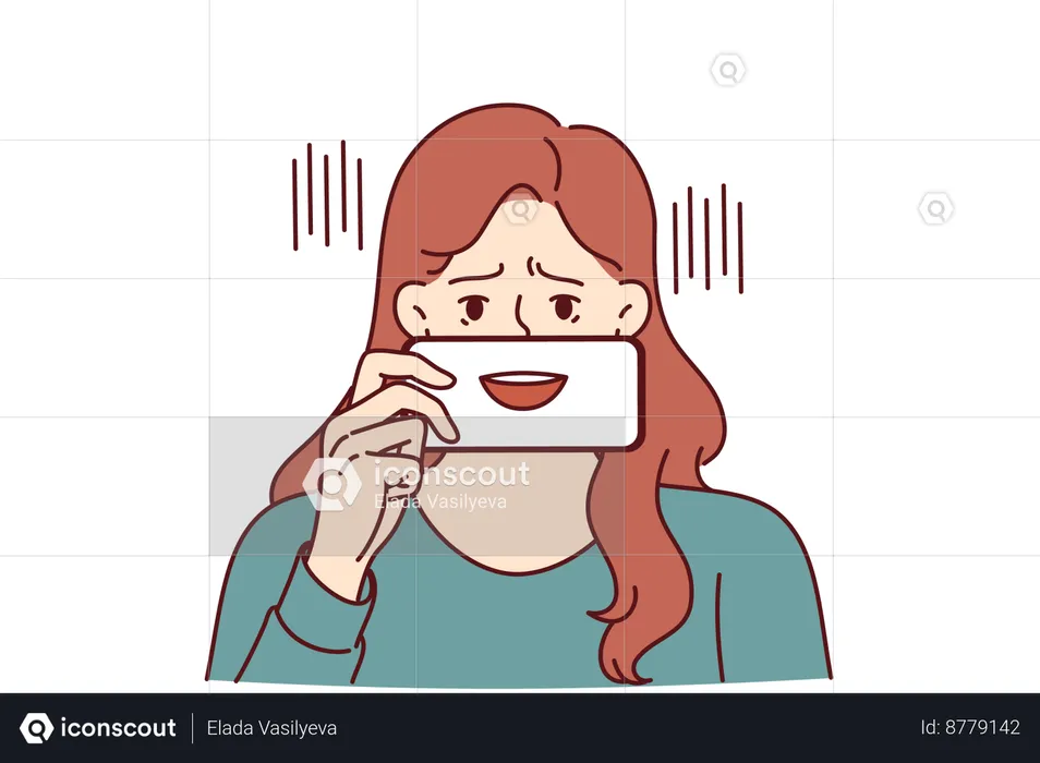 Une femme déprimée donne un faux sourire  Illustration