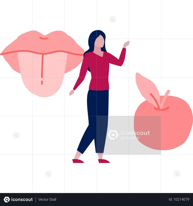 Une femme discute du goût d'une pomme avec sa langue  Illustration