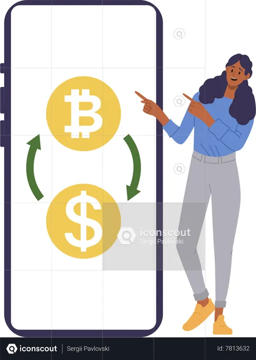 Femme échangeant du bitcoin contre du dollar  Illustration