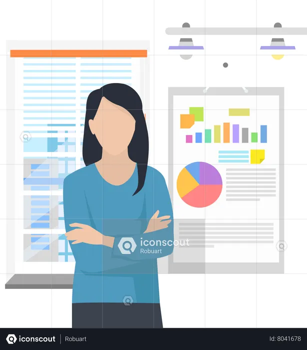 Une employée de bureau analyse les indicateurs présentés avec des graphiques  Illustration