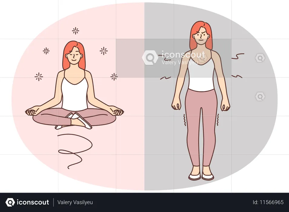 Une femme en colère redevient calme après une pratique de méditation en position du lotus  Illustration