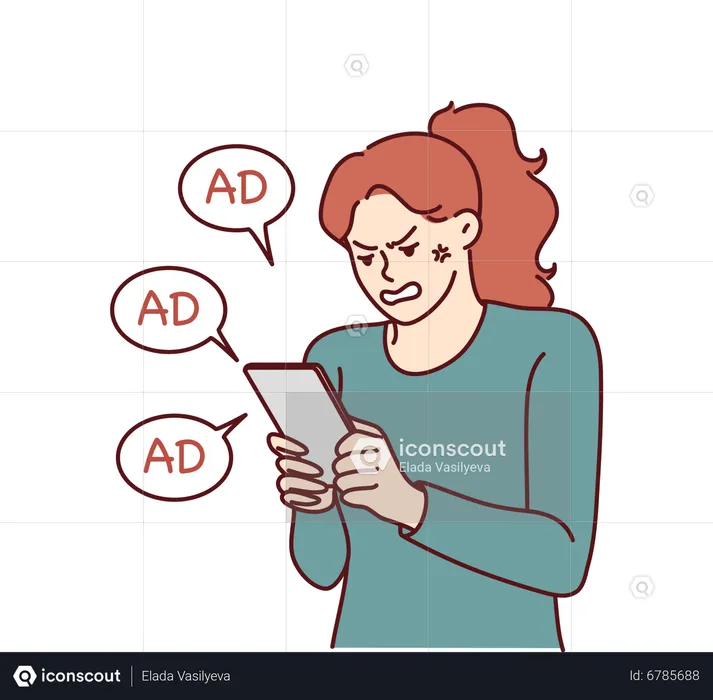 Femme en colère regardant la publicité sur mobile  Illustration