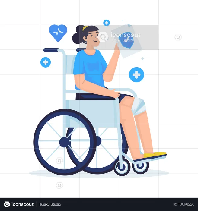 Une femme en fauteuil roulant tient un document de demande d'assurance maladie  Illustration