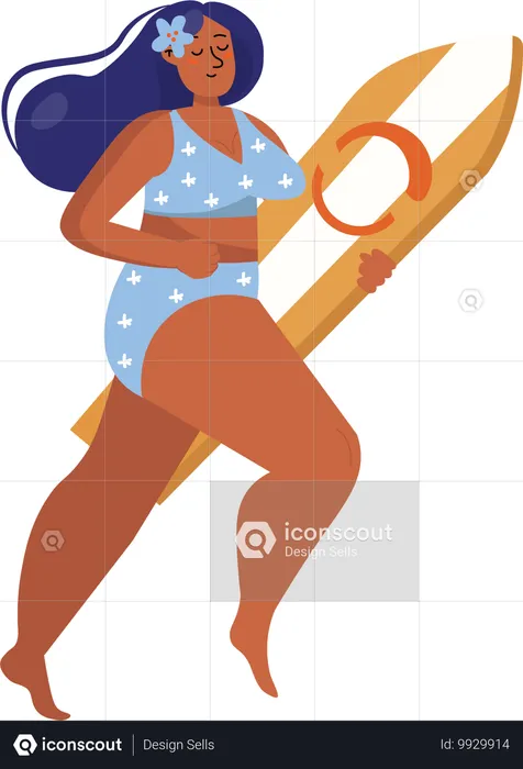 Femme en maillot de bain et tenant une planche de surf  Illustration