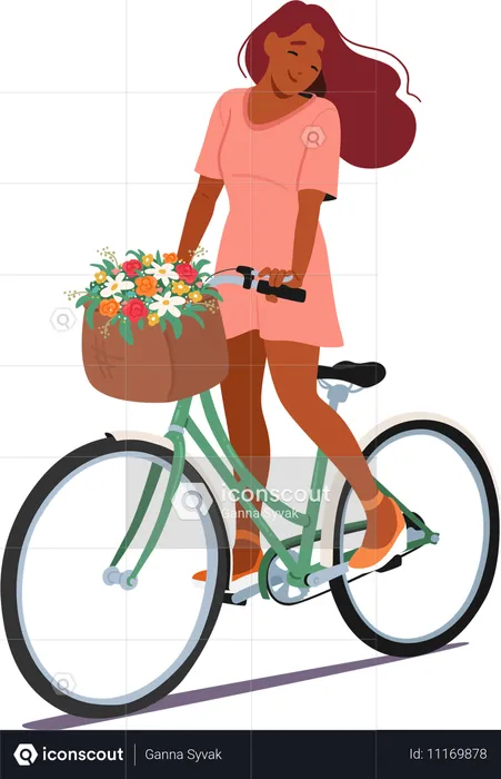 Femme en robe rose faisant du vélo avec un panier rempli de fleurs colorées  Illustration