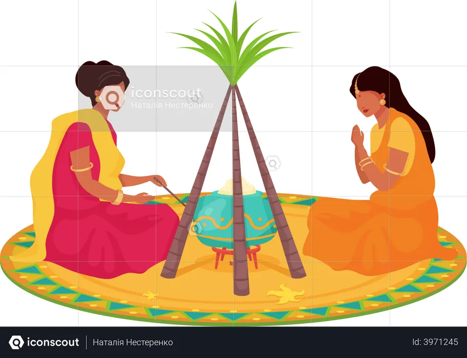 Femme en sari traditionnel sur Lohri  Illustration