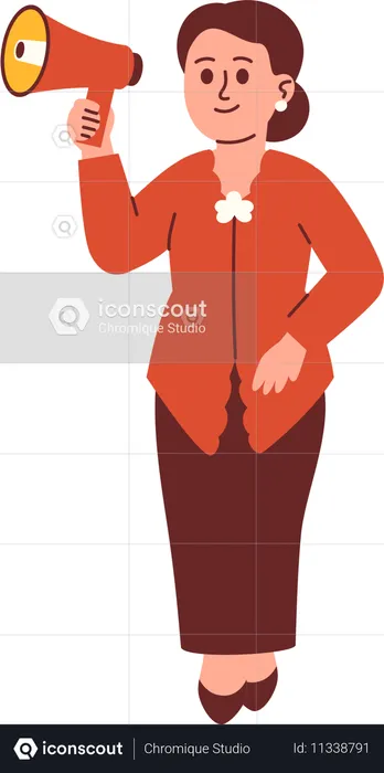 Une femme en tenue Kebaya crie au mégaphone  Illustration