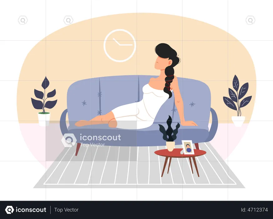 Une femme en vêtements de nuit se trouve sur un canapé  Illustration