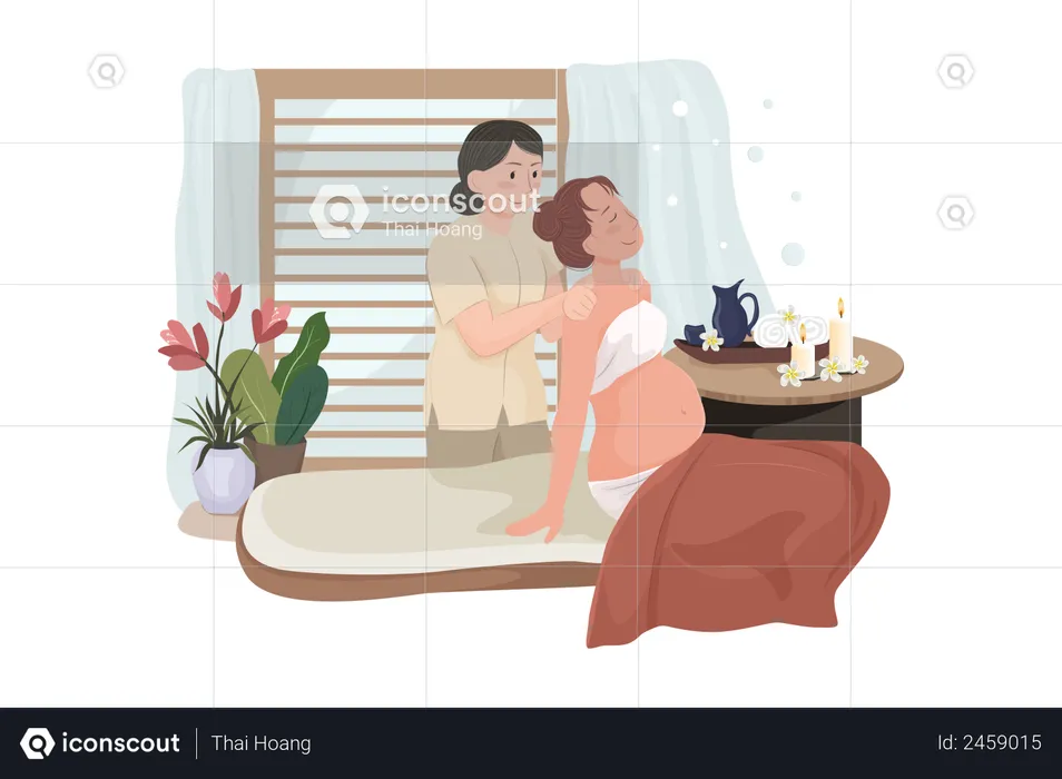 Femme enceinte ayant un massage dans un salon de spa  Illustration