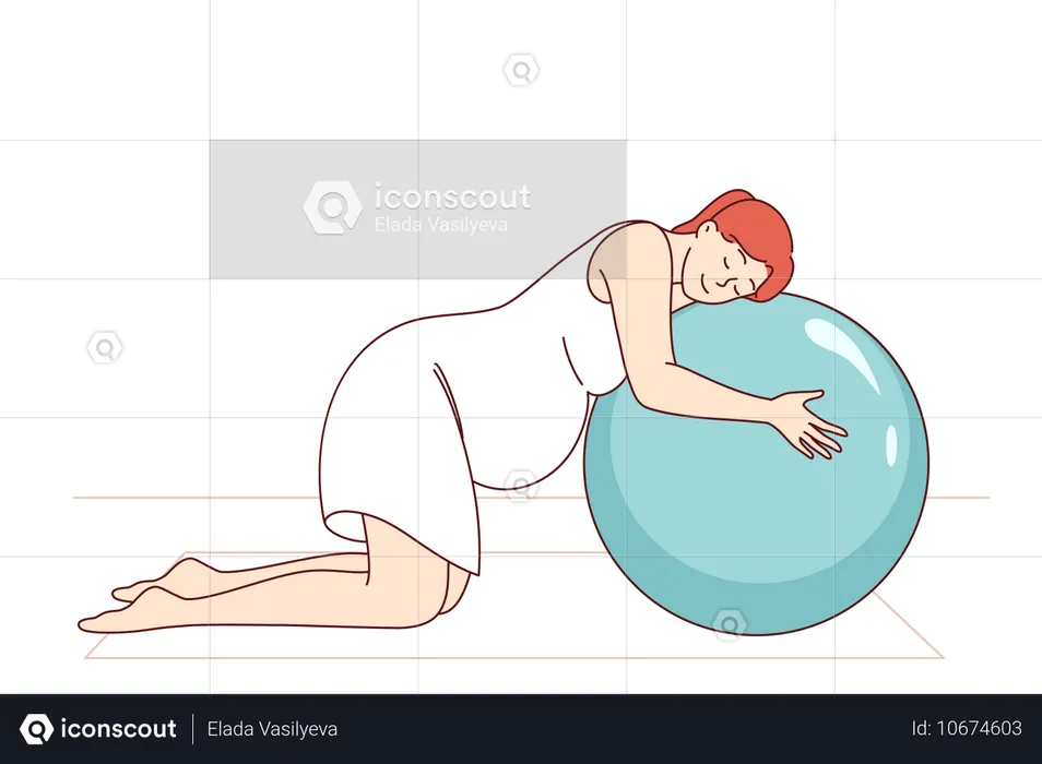 Femme enceinte faisant du Pilates sur des tapis de fitness et s'appuyant sur un gros ballon gonflable  Illustration