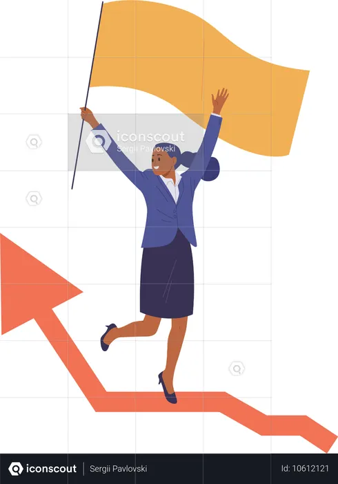 Personnage d'une femme entrepreneure enthousiaste levant un drapeau célébrant son succès dans la croissance financière  Illustration