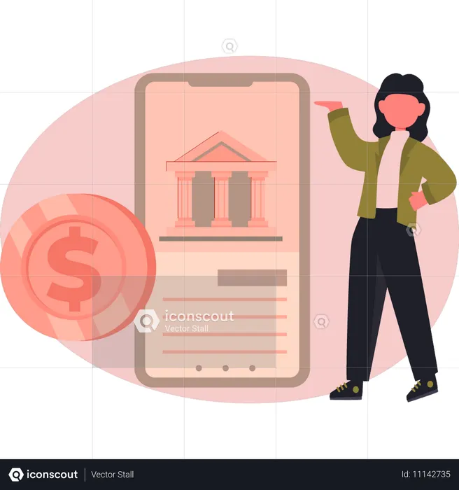 Une femme envoie de l'argent à une banque en ligne  Illustration