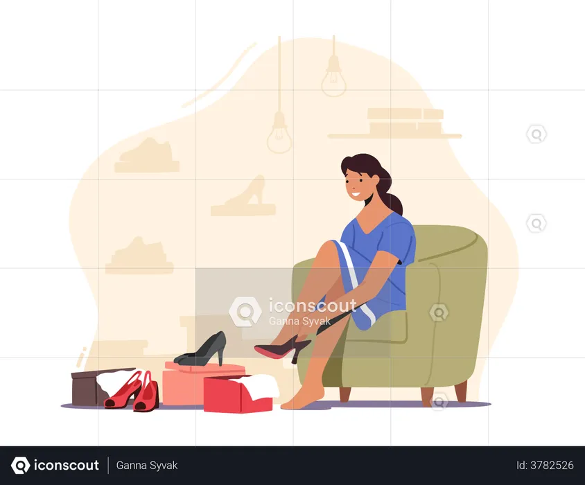 Femme essayant un talon haut assise sur un canapé  Illustration