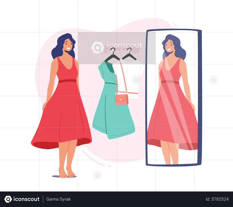 Femme essayant des vêtements dans le dressing du magasin  Illustration