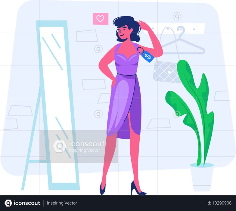 Une femme essaie une robe dans un centre commercial  Illustration