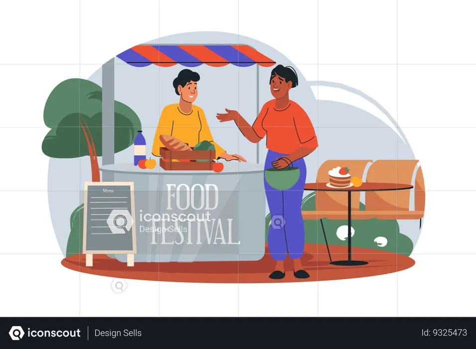 Une femme est venue à un festival gastronomique pour manger quelque chose de délicieux  Illustration