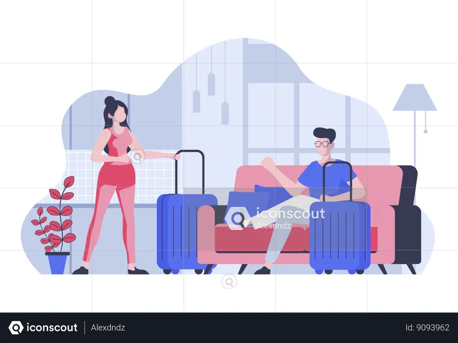 Femme et homme avec des valises et des bagages se préparant pour un voyage d'été  Illustration