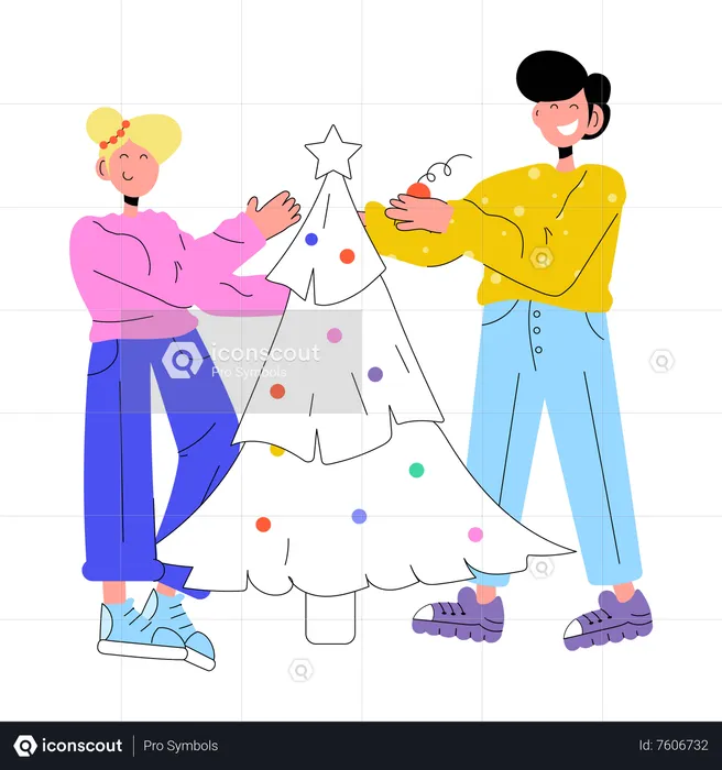 Femme et homme décorant un arbre  Illustration