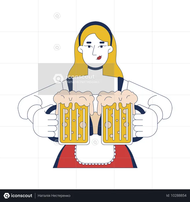 Femme européenne tenant des chopes de bière artisanale mousseuse  Illustration