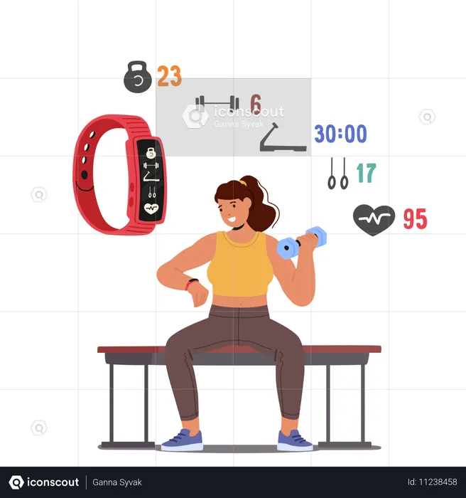 Femme faisant de l'exercice avec une montre connectée et une application de fitness  Illustration