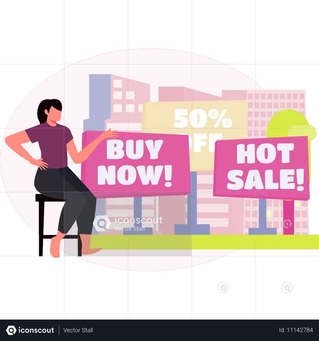 Femme faisant des achats promotionnels en ligne  Illustration