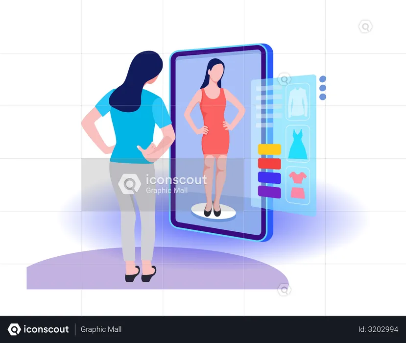 Femme faisant des achats en ligne à l'aide de la technologie virtuelle  Illustration