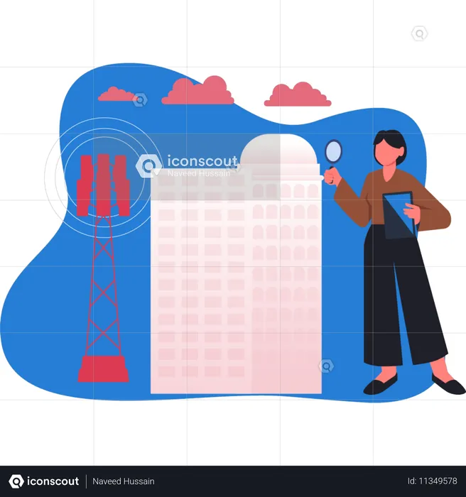 Femme faisant des recherches sur une antenne WIFI  Illustration