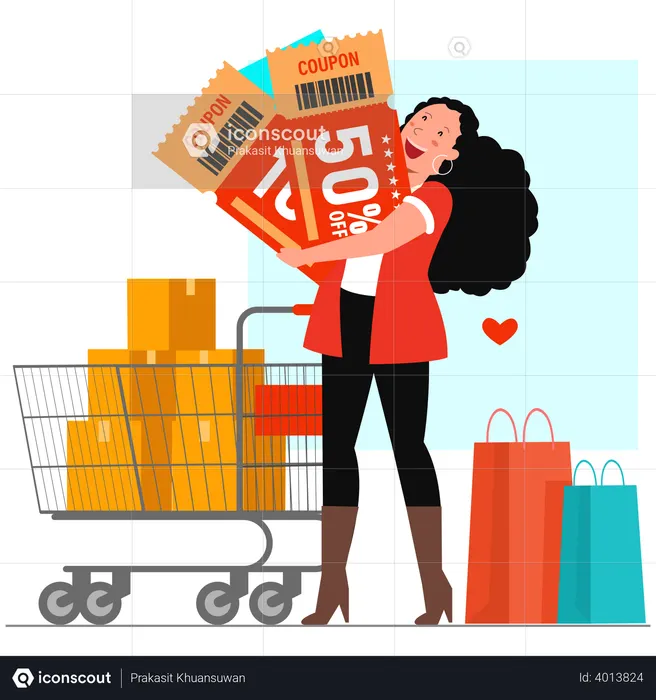 Femme faisant des achats à prix réduits  Illustration