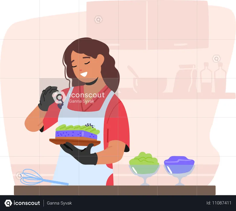 Femme faisant du glaçage de gâteau  Illustration